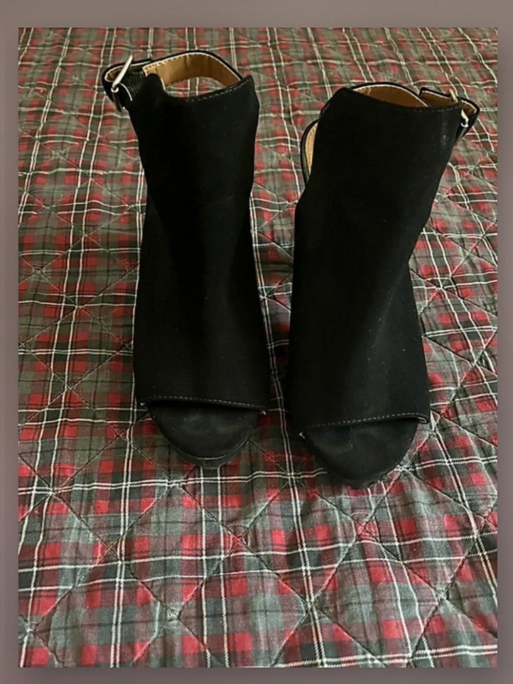 Black suede peep toe booties